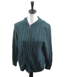 L.L. Bean Forest Green Cable Knit Zip Front Hooded Cardigan Size Large